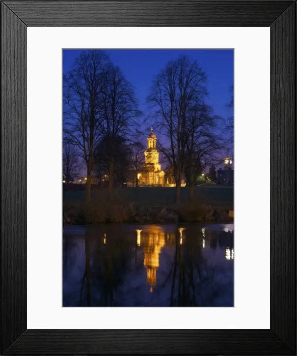 Framed Print : St. Chads church illuminated at night, reflections in River Severn, Quarry Park, Shrewsbury, Shropshire, England, United Kingdom, Europe