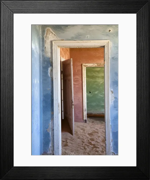 Framed Print : Interior of building slowly being consumed by the sands of the Namib Desert in the abandoned former German diamond mining town of Kolmanskop, Forbidden Diamond Area near Luderitz, Namibia, Africa Framed Print : Interior of building slowly being consumed by the sands of the Namib Desert in the abandoned former German diamond mining town of Kolmanskop, Forbidden Diamond Area near Luderitz, Namibia, Africa