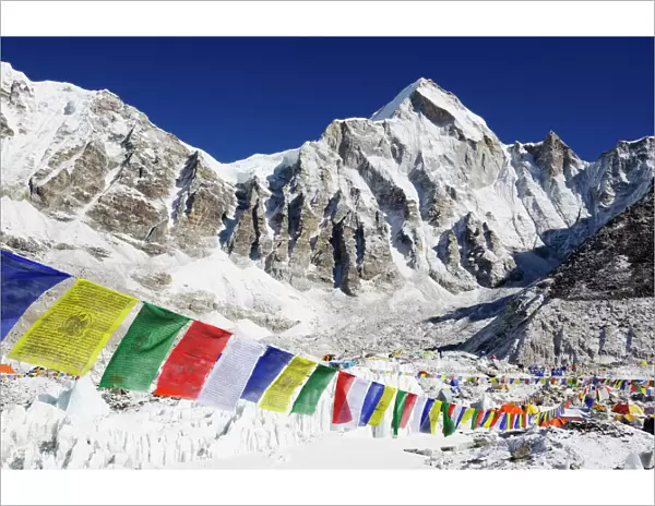 Prayer flags at Everest Base Camp, Solu Khumbu Everest Region, Sagarmatha National Park, UNESCO World Heritage Site, Nepal, Himalayas, Asia