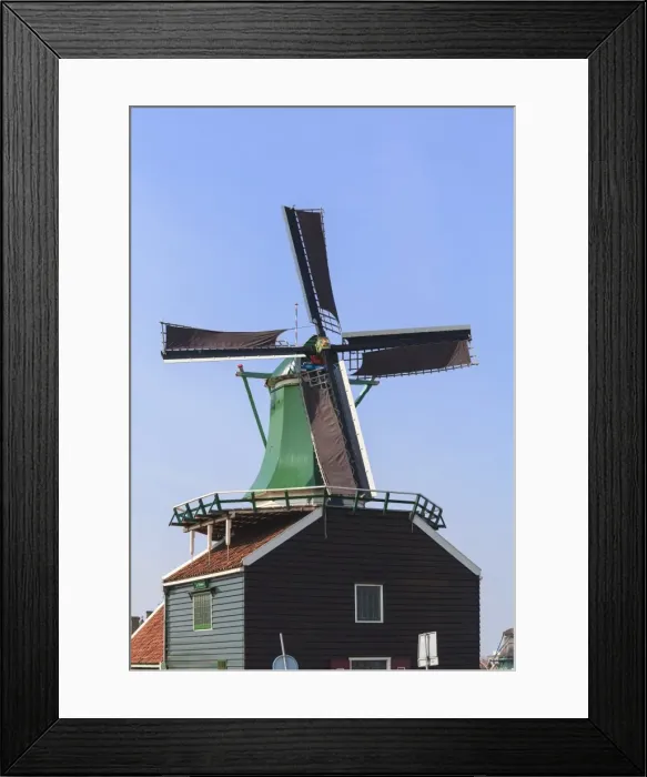 Framed Print : Preserved historic windmills and houses in Zaanse Schans, a village and working museum on the banks of the river Zaan, near Amsterdam, Zaandam, North Holland, Netherlands, Europe