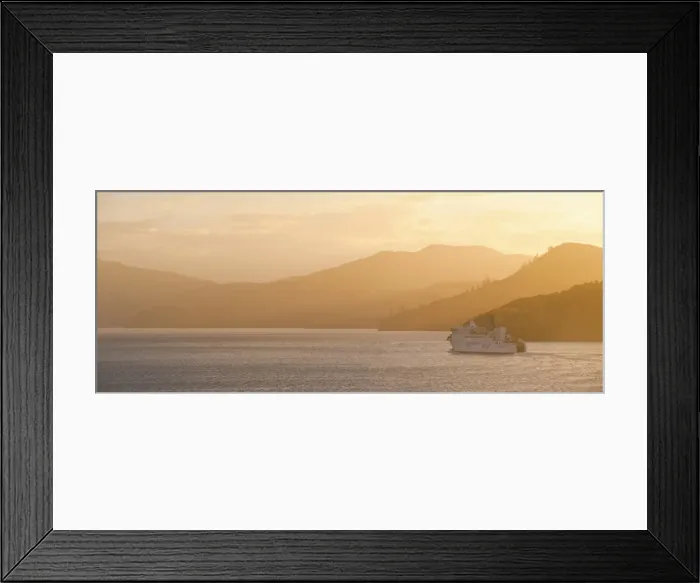 Framed Print : Queen Charlotte Sound at sunset, the Interislander ferry between Picton, South Island and Wellington, North Island, New Zealand, Pacific Framed Print : Queen Charlotte Sound at sunset, the Interislander ferry between Picton, South Island and Wellington, North Island, New Zealand, Pacific
