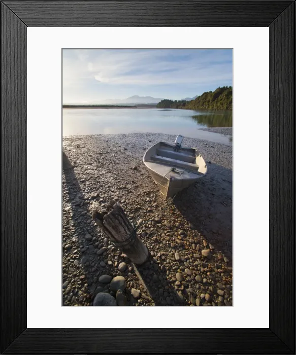 Framed Print : Motor boat at sunrise, Okarito Lagoon, West Coast, South Island, New Zealand, Pacific Framed Print : Motor boat at sunrise, Okarito Lagoon, West Coast, South Island, New Zealand, Pacific