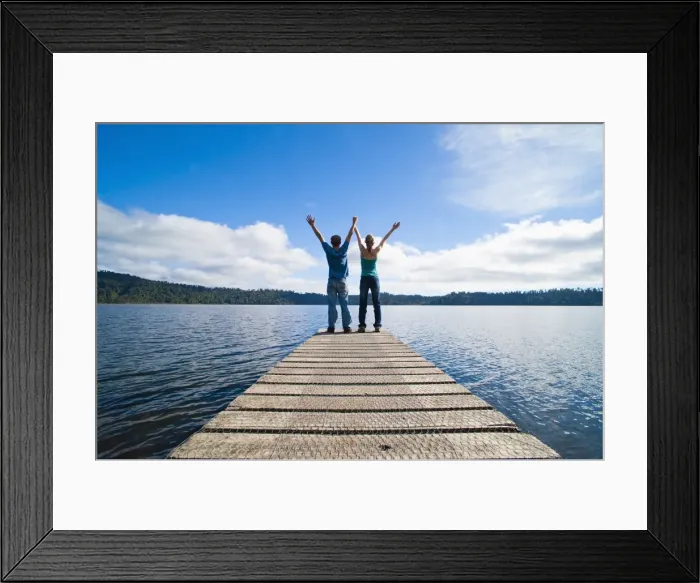 Framed Print : Couple on a jetty at Lake Ianthe, West Coast, South Island, New Zealand, Pacific Framed Print : Couple on a jetty at Lake Ianthe, West Coast, South Island, New Zealand, Pacific