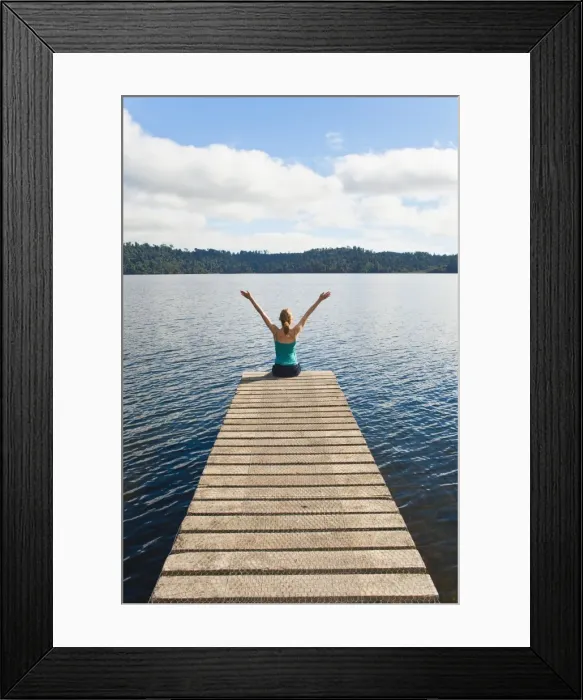 Framed Print : Woman sitting on a jetty, Lake Ianthe, West Coast, South Island, New Zealand, Pacific Framed Print : Woman sitting on a jetty, Lake Ianthe, West Coast, South Island, New Zealand, Pacific