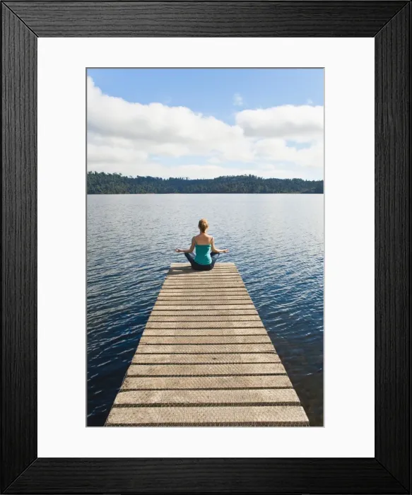 Framed Print : Woman meditating on a jetty, Lake Ianthe, West Coast, South Island, New Zealand, Pacific Framed Print : Woman meditating on a jetty, Lake Ianthe, West Coast, South Island, New Zealand, Pacific