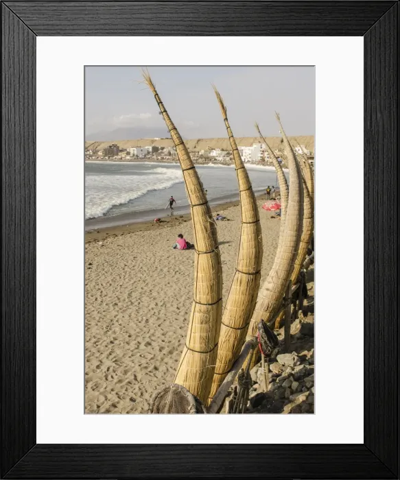 Framed Print : Caballitos de totora or reed boats on the beach in Huanchaco, Peru, South America Framed Print : Caballitos de totora or reed boats on the beach in Huanchaco, Peru, South America