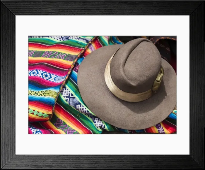 Framed Print : Inca womans hat and blanket, Chinchero, Peru, South America Framed Print : Inca womans hat and blanket, Chinchero, Peru, South America