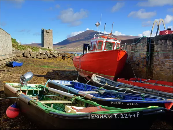 Fishing boats at Kildownet Pier, Achill Island, County Mayo, Connaught (Connacht), Republic of Ireland, Europe