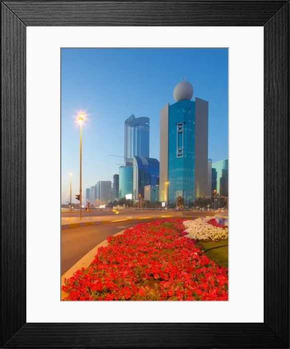 Framed Print : Contemporary architecture on Rashid Bin Saeed Al Maktoum Street at dusk, Abu Dhabi, United Arab Emirates, Middle East Framed Print : Contemporary architecture on Rashid Bin Saeed Al Maktoum Street at dusk, Abu Dhabi, United Arab Emirates, Middle East