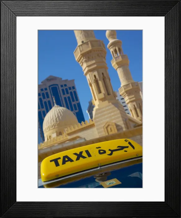 Framed Print : Taxi and Mosque, Abu Dhabi, United Arab Emirates, Middle East Framed Print : Taxi and Mosque, Abu Dhabi, United Arab Emirates, Middle East