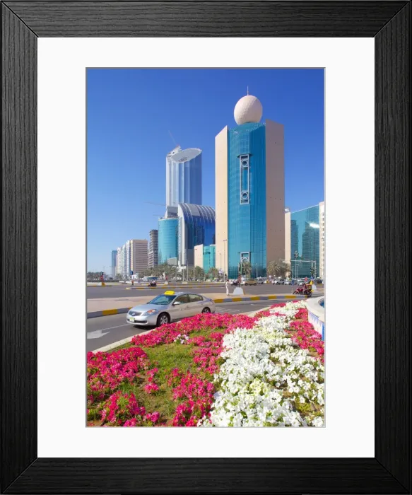 Framed Print : Contemporary architecture and taxi on Rashid Bin Saeed Al Maktoum Street, Abu Dhabi, United Arab Emirates, Middle East Framed Print : Contemporary architecture and taxi on Rashid Bin Saeed Al Maktoum Street, Abu Dhabi, United Arab Emirates, Middle East