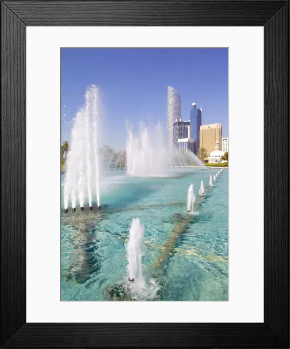 Framed Print : Contemporary architecture and Al Markaziyah Gardens and Fountain, Abu Dhabi, United Arab Emirates, Middle East Framed Print : Contemporary architecture and Al Markaziyah Gardens and Fountain, Abu Dhabi, United Arab Emirates, Middle East