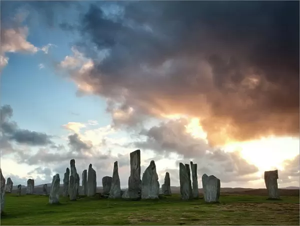 Standing Stones of Callanish at sunset with dramatic sky in the background, near Carloway, Isle of Lewis, Outer Hebrides, Scotland, United Kingdom, Europe
