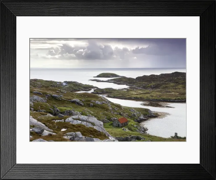 Framed Print : View out to sea over abandoned crofts at the township of Manish on the east coast of the Isle of Harris, Outer Hebrides, Scotland, United Kingdom, Europe