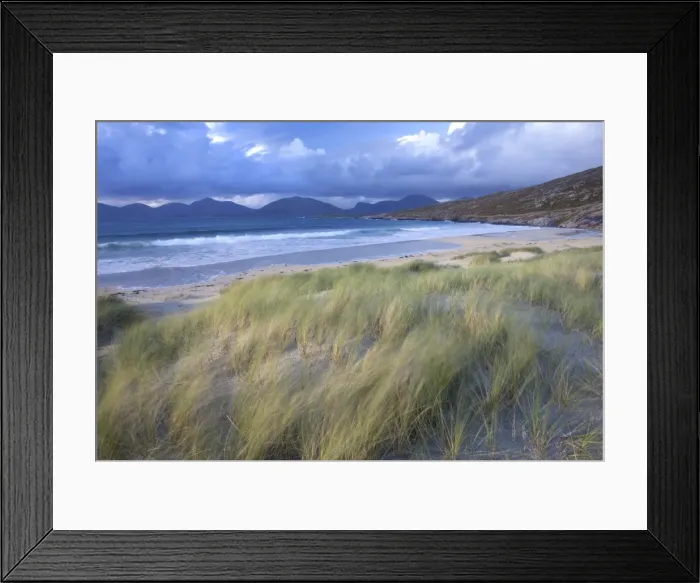Framed Print : Beach at Luskentyre with dune grasses blowing in the foreground and the hills of North Harris in the distance, Isle of Harris, Outer Hebrides, Scotland Framed Print : Beach at Luskentyre with dune grasses blowing in the foreground and the hills of North Harris in the distance, Isle of Harris, Outer Hebrides, Scotland
