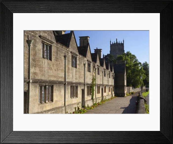 Framed Print : Row of Alms houses and St. James Cotswold wool church, Chipping Campden, Gloucestershire, Cotswolds, England, United Kingdom, Europe Framed Print : Row of Alms houses and St. James Cotswold wool church, Chipping Campden, Gloucestershire, Cotswolds, England, United Kingdom, Europe