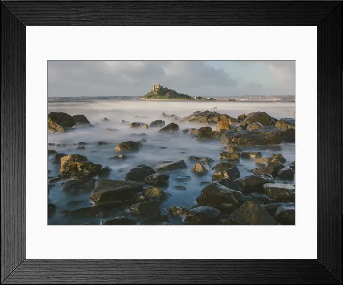 Framed Print : Rocky shoreline and St. Michaels Mount, early morning, Cornwall, England, United Kingdom, Europe Framed Print : Rocky shoreline and St. Michaels Mount, early morning, Cornwall, England, United Kingdom, Europe
