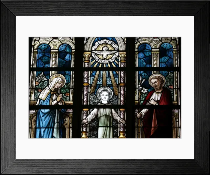 Framed Print : The Holy Family depicted in a stained glass window, Saint Salvators Cathedral, Bruges, West Flanders, Belgium, Europe Framed Print : The Holy Family depicted in a stained glass window, Saint Salvators Cathedral, Bruges, West Flanders, Belgium, Europe
