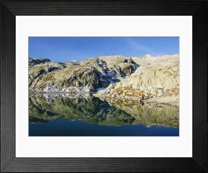 Framed Print : Hiker at Lac Blanc, Chamonix, Haute-Savoie, French Alps, France, Europe Framed Print : Hiker at Lac Blanc, Chamonix, Haute-Savoie, French Alps, France, Europe