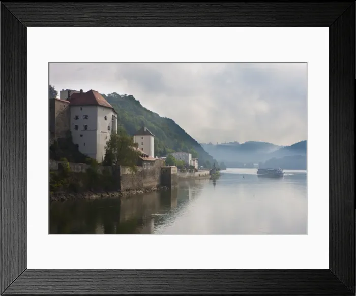 Framed Print : Cruise ship passing on the River Danube in the early morning mist, Passau, Bavaria, Germany, Europe Framed Print : Cruise ship passing on the River Danube in the early morning mist, Passau, Bavaria, Germany, Europe