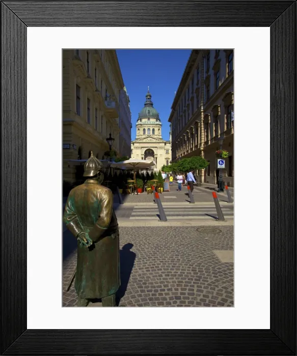 Framed Print : Statue of Policeman with St. Stephens Basilica, Budapest, Hungary, Europe Framed Print : Statue of Policeman with St. Stephens Basilica, Budapest, Hungary, Europe
