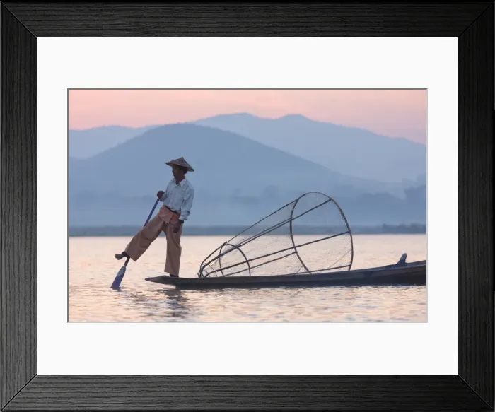 Framed Print : Intha leg rowing fishermen at dawn on Inle Lake who row traditional wooden boats using their leg and fish using nets stretched over conical bamboo frames, Inle Lake, Myanmar (Burma), Southeast Asia