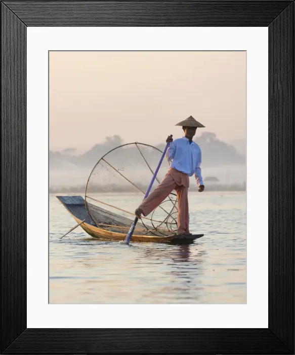 Framed Print : Intha leg rowing fishermen at dawn on Inle Lake who row traditional wooden boats using their leg and fish using nets stretched over conical bamboo frames, Inle Lake, Myanmar (Burma), Southeast Asia Framed Print : Intha leg rowing fishermen at dawn on Inle Lake who row traditional wooden boats using their leg and fish using nets stretched over conical bamboo frames, Inle Lake, Myanmar (Burma), Southeast Asia
