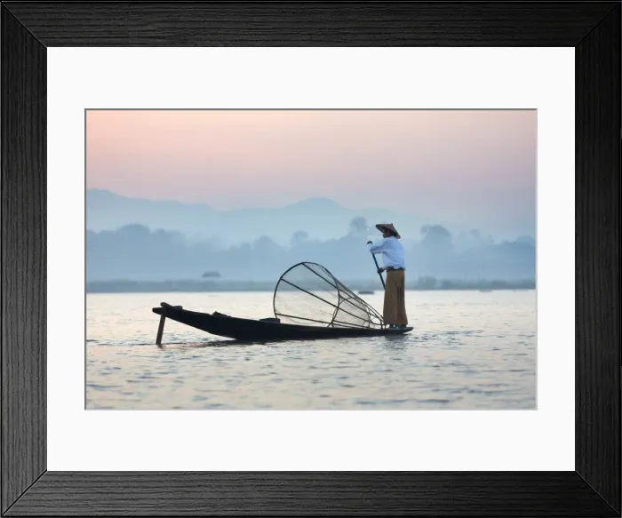 Framed Print : Intha leg rowing fishermen at dawn on Inle Lake who row traditional wooden boats using their leg and fish using nets stretched over conical bamboo frames, Inle Lake, Myanmar (Burma), Southeast Asia Framed Print : Intha leg rowing fishermen at dawn on Inle Lake who row traditional wooden boats using their leg and fish using nets stretched over conical bamboo frames, Inle Lake, Myanmar (Burma), Southeast Asia