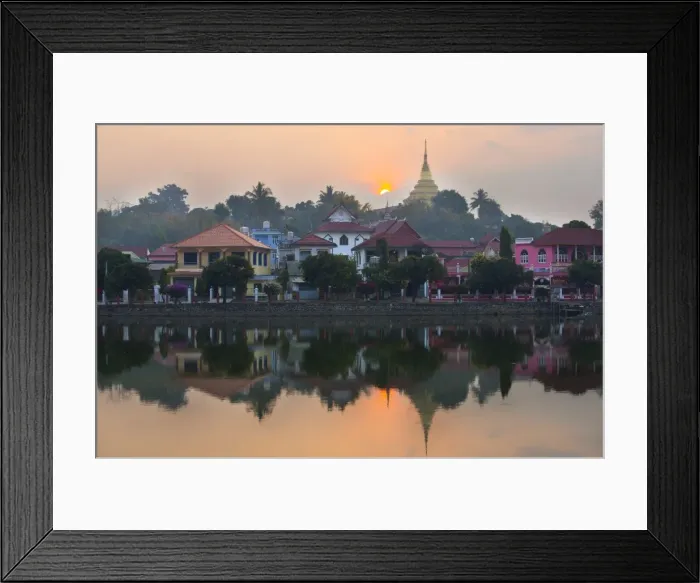 Framed Print : View of Kengtung (Kyaingtong) looking across Naung Tung Lake at sunrise towards the town and gilded stupa of Wat Jong Kham, Kengtung, Shan State, Myanmar (Burma), Asia Framed Print : View of Kengtung (Kyaingtong) looking across Naung Tung Lake at sunrise towards the town and gilded stupa of Wat Jong Kham, Kengtung, Shan State, Myanmar (Burma), Asia