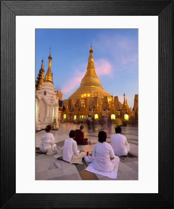 Framed Print : Shwedagon Paya (Pagoda) at dusk with Buddhist worshippers praying, Yangon (Rangoon), Myanmar (Burma), Asia Framed Print : Shwedagon Paya (Pagoda) at dusk with Buddhist worshippers praying, Yangon (Rangoon), Myanmar (Burma), Asia