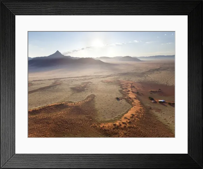 Framed Print : Aerial view from hot air balloon at dawn over magnificent desert landscape of sand dunes, mountains and Fairy Circles, Namib Rand game reserve Namib Naukluft Park, Namibia, Africa Framed Print : Aerial view from hot air balloon at dawn over magnificent desert landscape of sand dunes, mountains and Fairy Circles, Namib Rand game reserve Namib Naukluft Park, Namibia, Africa