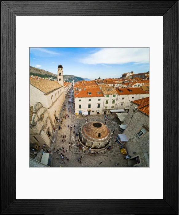Framed Print : Big Onforio Fountain, Franciscan Monastery and City Bell Tower on Stradun from Dubrovnik City Walls, UNESCO World Heritage Site, Dubrovnik, Dalmatian Coast, Croatia, Europe