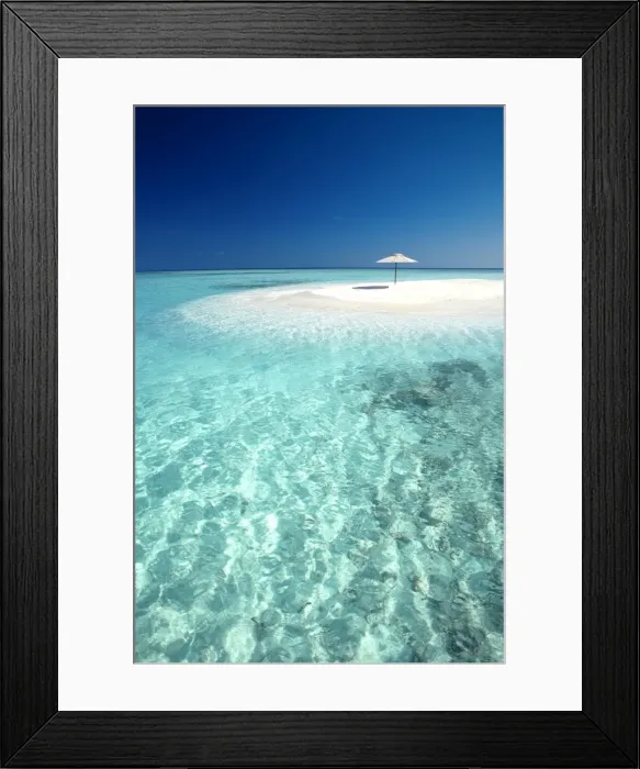 Framed Print : Tropical sandbank and sun umbrella, Maldives, Indian Ocean, Asia