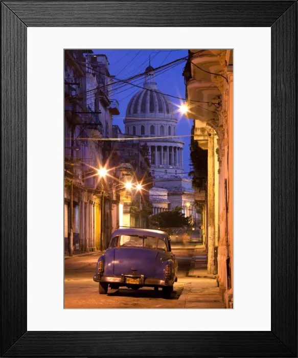 Framed Print : Vintage American car parked on floodlit street with The Capitolio in the background, predawn, Havana Centro, Cuba, West Indies, Central America Framed Print : Vintage American car parked on floodlit street with The Capitolio in the background, predawn, Havana Centro, Cuba, West Indies, Central America