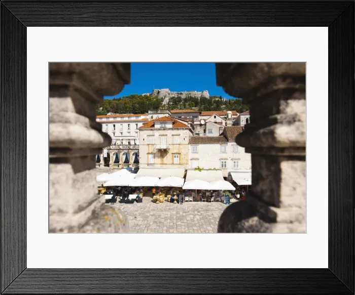 Framed Print : Spanish Fortress above St. Stephens Square cafes, Hvar Town, Hvar Island, Dalmatian Coast, Croatia, Europe Framed Print : Spanish Fortress above St. Stephens Square cafes, Hvar Town, Hvar Island, Dalmatian Coast, Croatia, Europe