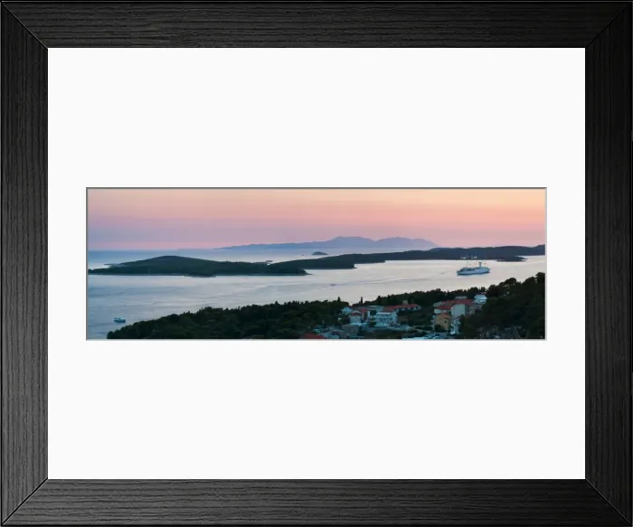 Framed Print : Pakleni Islands (Paklinski Islands) and Vis Island, a Mediterranean cruise ship moored at sunset, seen from Hvar Island, Dalmatian Coast, Adriatic Sea, Croatia, Europe Framed Print : Pakleni Islands (Paklinski Islands) and Vis Island, a Mediterranean cruise ship moored at sunset, seen from Hvar Island, Dalmatian Coast, Adriatic Sea, Croatia, Europe