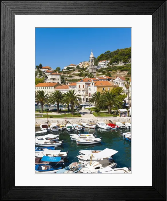 Framed Print : Hvar harbour and church bell tower in Hvar town centre, Hvar Island, Dalmatian Coast, Adriatic, Croatia, Europe Framed Print : Hvar harbour and church bell tower in Hvar town centre, Hvar Island, Dalmatian Coast, Adriatic, Croatia, Europe