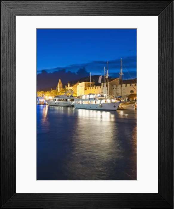 Framed Print : Trogir town with boats in the harbour at night, Dalmatian Coast, Adriatic, Croatia, Europe