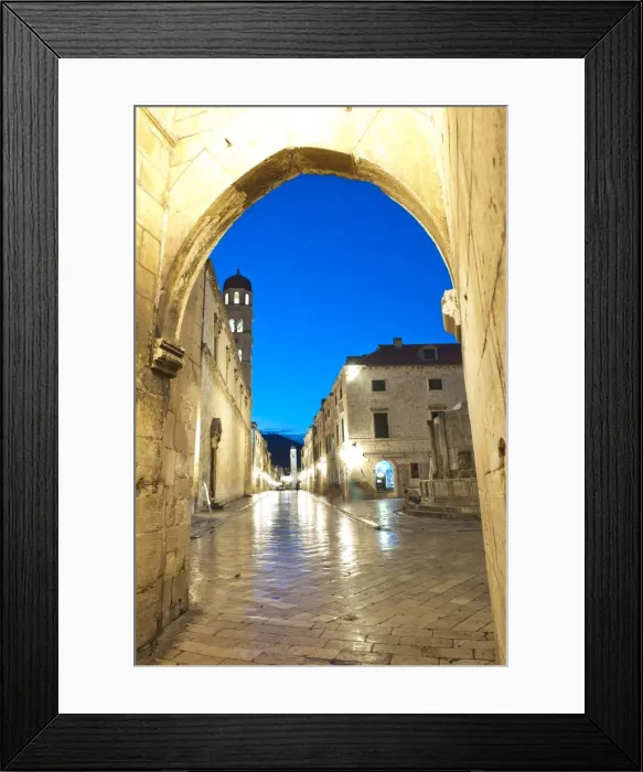 Framed Print : Stradun, the Franciscan Monastery and Old Town Bell Tower in Dubrovnik Old Town at night, UNESCO World Heritage Site, Dubrovnik, Croatia, Europe