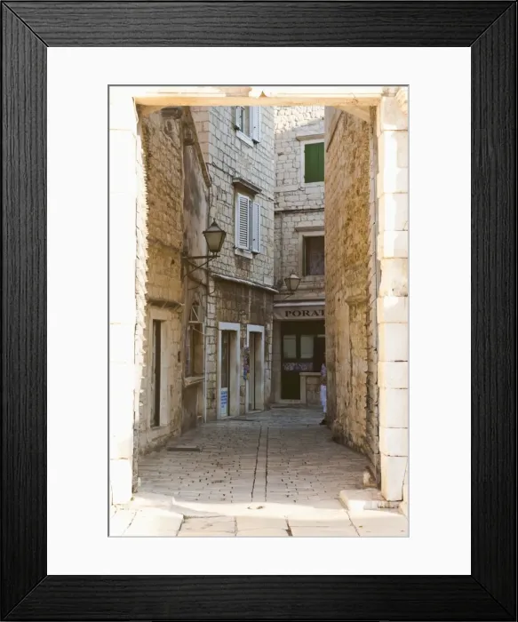 Framed Print : Cobbled streets of Trogir seen through the South Town Gate, Trogir, UNESCO World Heritage Site, Dalmatia, Croatia, Europe Framed Print : Cobbled streets of Trogir seen through the South Town Gate, Trogir, UNESCO World Heritage Site, Dalmatia, Croatia, Europe