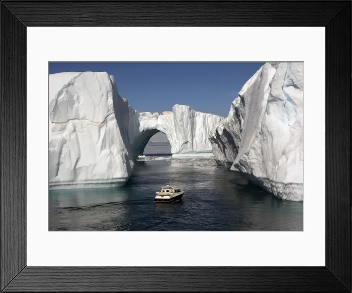 Framed Print : Icebergs in Disko Bay, natural arch and motorboat, UNESCO World Heritage Site, Ilulissat (Jakobshavn), Greenland, Denmark, Polar Regions Framed Print : Icebergs in Disko Bay, natural arch and motorboat, UNESCO World Heritage Site, Ilulissat (Jakobshavn), Greenland, Denmark, Polar Regions