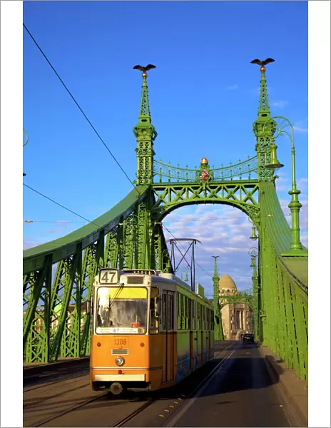 Liberty Bridge and tram, Budapest, Hungary, Europe