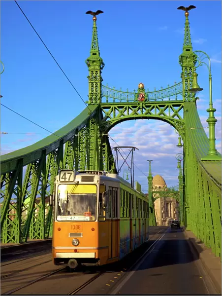 Liberty Bridge and tram, Budapest, Hungary, Europe