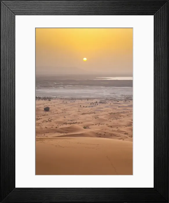 Framed Print : Erg Chebbi Sahara Desert sunset from the top of a 150m sand dune, near Merzouga, Morocco, North Africa, Africa