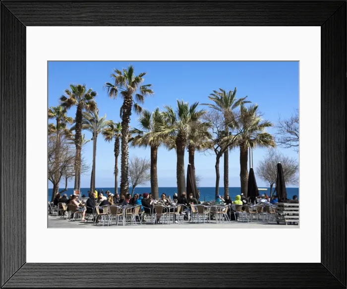 Framed Print : Pavement cafe and coffee bar under palm trees, promenade area, Barceloneta, Barcelona, Catalunya, Spain, Europe