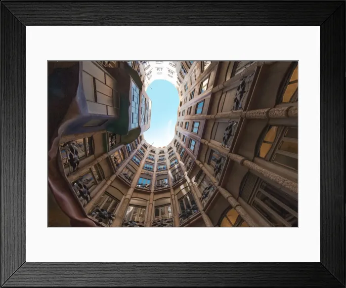 Framed Print : Interior fish eye view of La Pedrera (Casa Mila), an apartment block designed by Antonio Gaudi, UNESCO World Heritage Site, Passeig de Gracia, Barcelona, Catalunya, Spain, Europe Framed Print : Interior fish eye view of La Pedrera (Casa Mila), an apartment block designed by Antonio Gaudi, UNESCO World Heritage Site, Passeig de Gracia, Barcelona, Catalunya, Spain, Europe