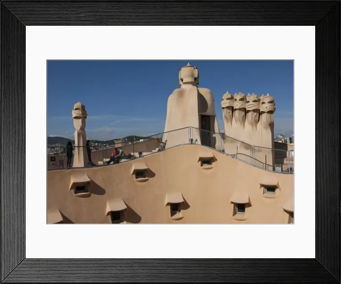Framed Print : Group of four grotesque chimneys on the roof of La Pedrera (Casa Mila), and roof window details on an apartment block designed by Antonio Gaudi, UNESCO World Heritage Site, Passeig de Gracia, Barcelona, Catalunya, Spain, Europe Framed Print : Group of four grotesque chimneys on the roof of La Pedrera (Casa Mila), and roof window details on an apartment block designed by Antonio Gaudi, UNESCO World Heritage Site, Passeig de Gracia, Barcelona, Catalunya, Spain, Europe