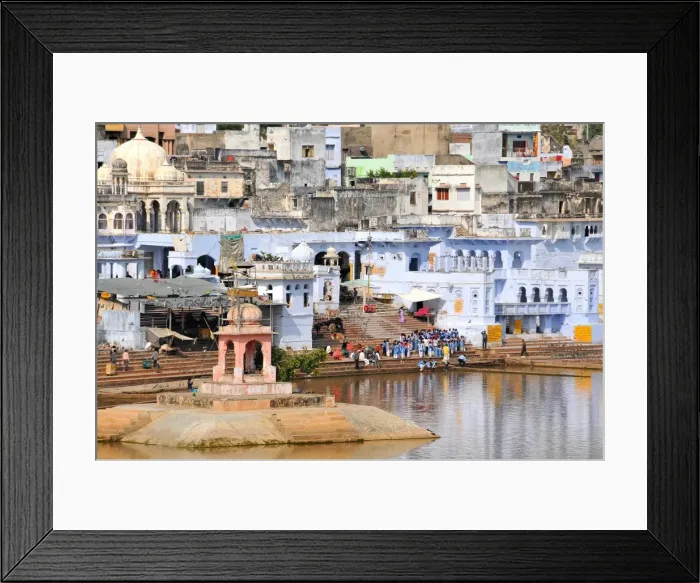 Framed Print : Ghats at Holy Pushkar Lake and old Rajput Palaces, Pushkar, Rajasthan, India, Asia