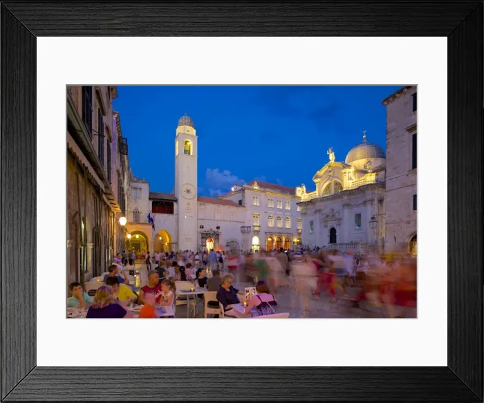 Framed Print : Clock tower and restaurants at dusk, Stradun, UNESCO World Heritage Site, Dubrovnik, Dalmatian Coast, Dalmatia, Croatia, Europe Framed Print : Clock tower and restaurants at dusk, Stradun, UNESCO World Heritage Site, Dubrovnik, Dalmatian Coast, Dalmatia, Croatia, Europe