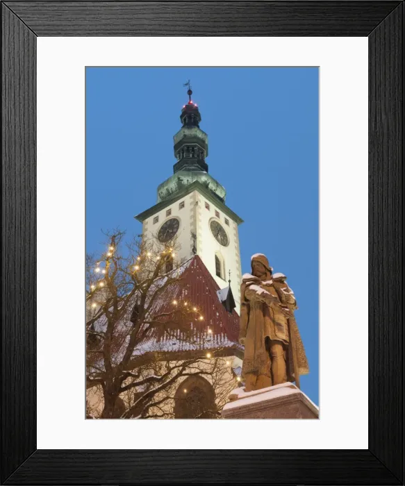 Framed Print : Snow-covered statue of Jan Zizka and Church of Transfiguration of Our Lady on Mount Tabor, Jihocesky, Czech Republic, Europe Framed Print : Snow-covered statue of Jan Zizka and Church of Transfiguration of Our Lady on Mount Tabor, Jihocesky, Czech Republic, Europe